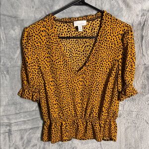 Topshop‎ Morgan Ruffle trim peplum top size 8 Mustard Leopard Print Blouse